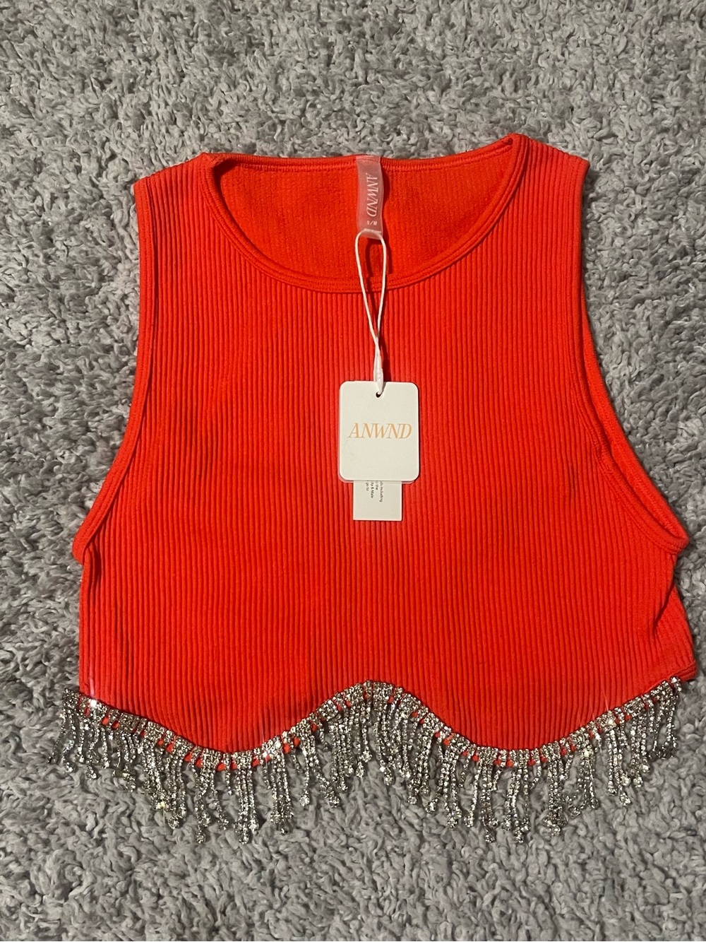 ANWND Orange Ribbed Rhinestone Fringe Cropped Tank Top - Picture 3 of 6